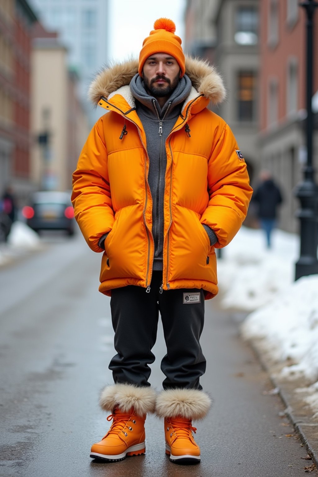 man wearing gorpcore aesthetic, functional outdoor clothing, bright colored puffer jacket, moonboots, beanie, white wool socks, outerwear, posing for photo in the street