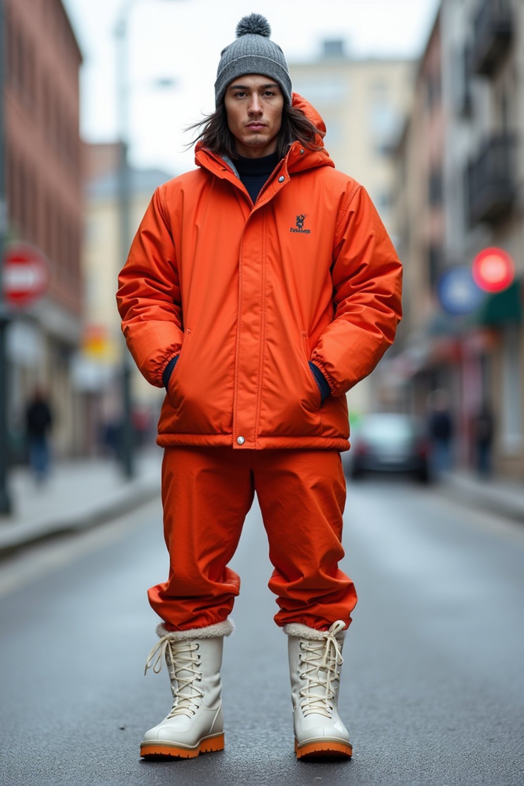 man wearing gorpcore aesthetic, functional outdoor clothing, bright colored puffer jacket, moonboots, beanie, white wool socks, outerwear, posing for photo in the street