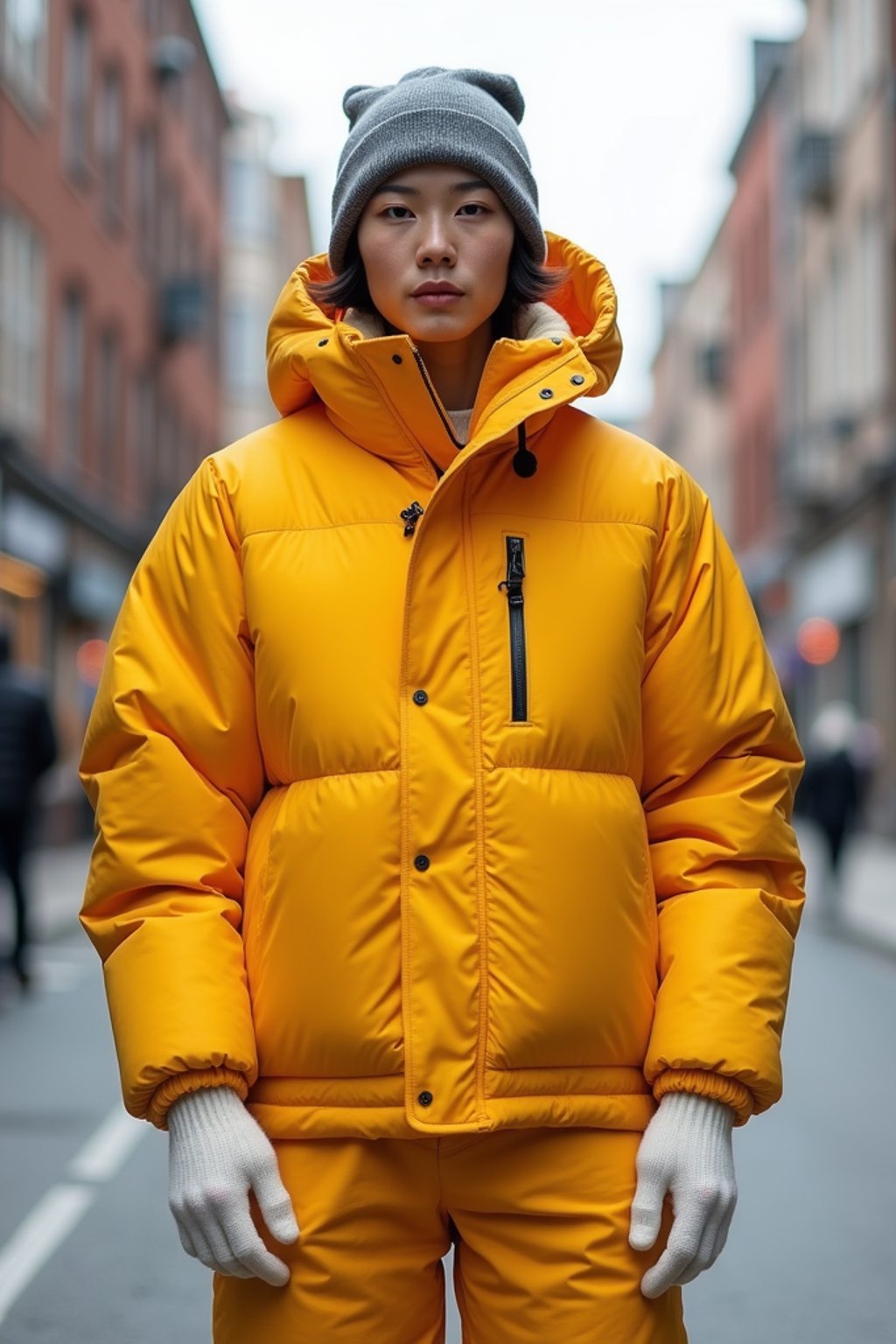 man wearing gorpcore aesthetic, functional outdoor clothing, bright colored puffer jacket, moonboots, beanie, white wool socks, outerwear, posing for photo in the street