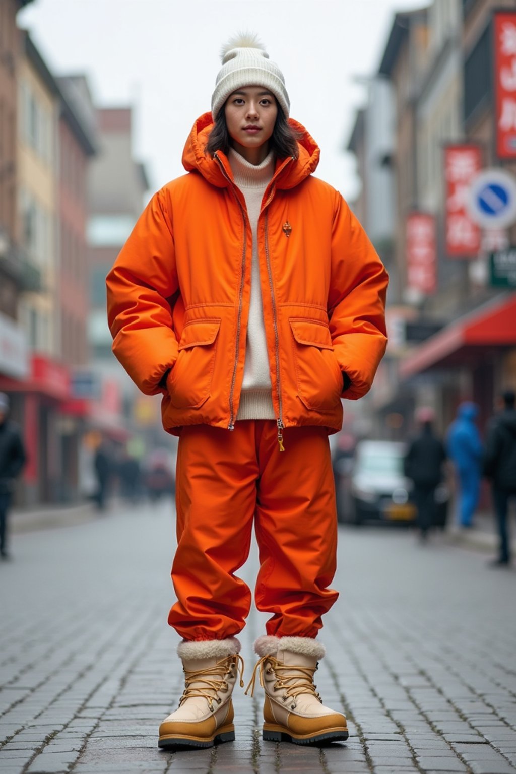 man wearing gorpcore aesthetic, functional outdoor clothing, bright colored puffer jacket, moonboots, beanie, white wool socks, outerwear, posing for photo in the street