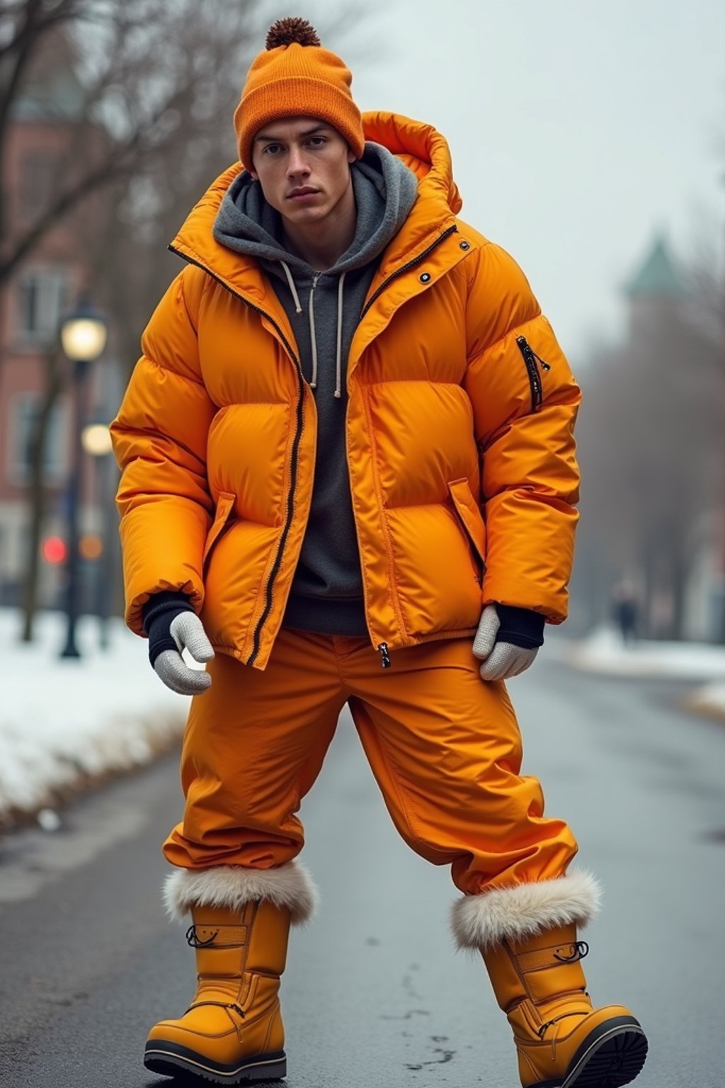 man wearing gorpcore aesthetic, functional outdoor clothing, bright colored puffer jacket, moonboots, beanie, white wool socks, outerwear, posing for photo in the street