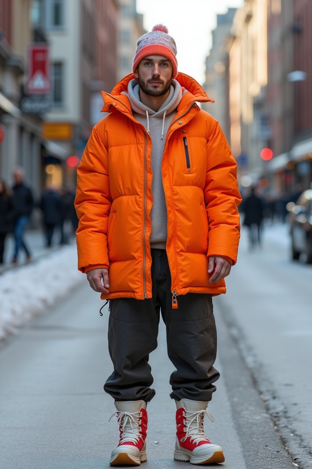 man wearing gorpcore aesthetic, functional outdoor clothing, bright colored puffer jacket, moonboots, beanie, white wool socks, outerwear, posing for photo in the street