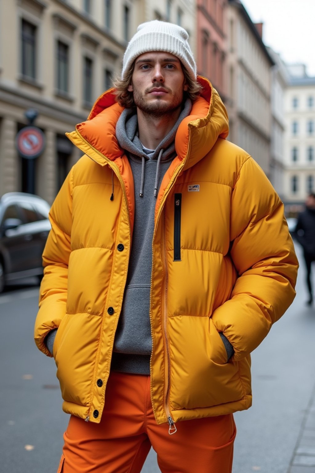 man wearing gorpcore aesthetic, functional outdoor clothing, bright colored puffer jacket, moonboots, beanie, white wool socks, outerwear, posing for photo in the street