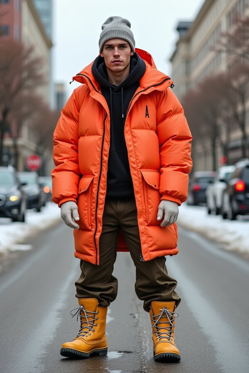 man wearing gorpcore aesthetic, functional outdoor clothing, bright colored puffer jacket, moonboots, beanie, white wool socks, outerwear, posing for photo in the street