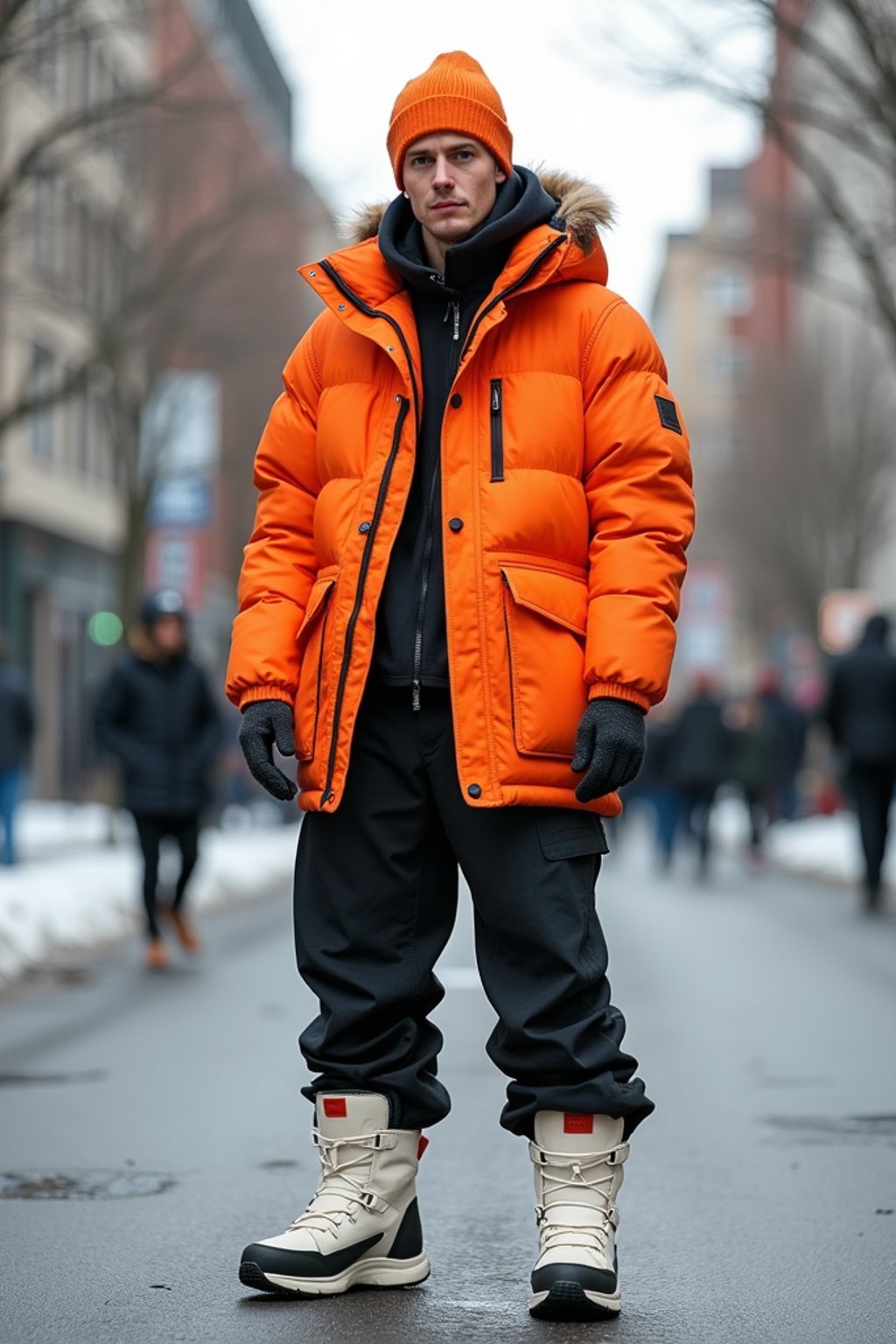 man wearing gorpcore aesthetic, functional outdoor clothing, bright colored puffer jacket, moonboots, beanie, white wool socks, outerwear, posing for photo in the street