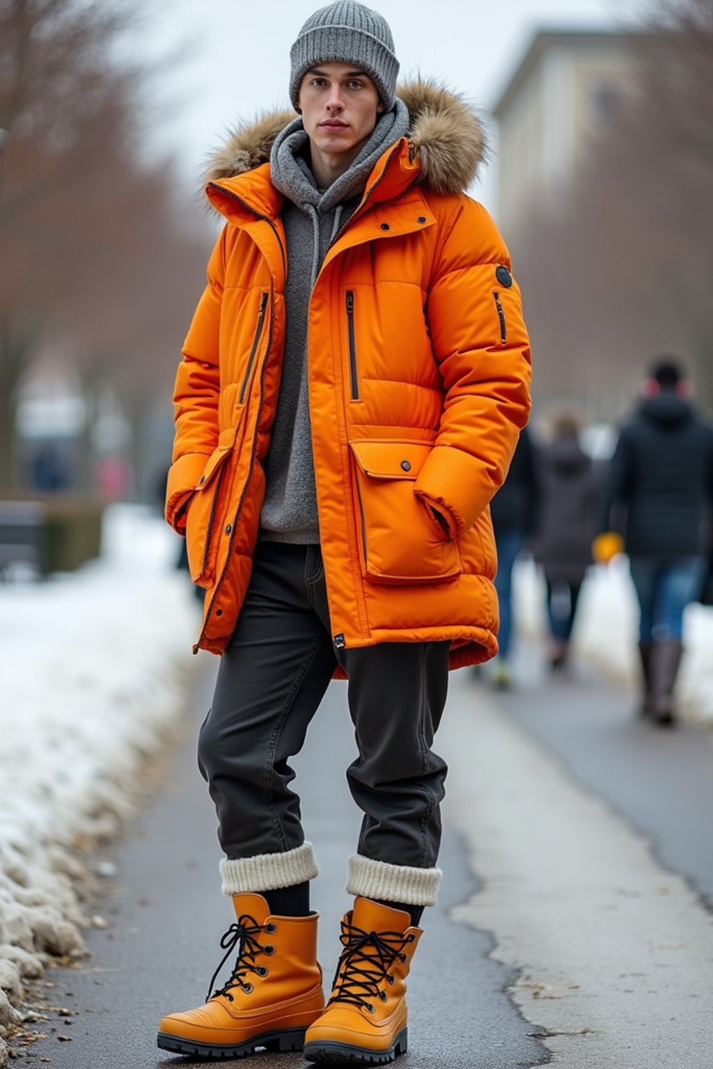 man wearing gorpcore aesthetic, functional outdoor clothing, bright colored puffer jacket, moonboots, beanie, white wool socks, outerwear, posing for photo in the street