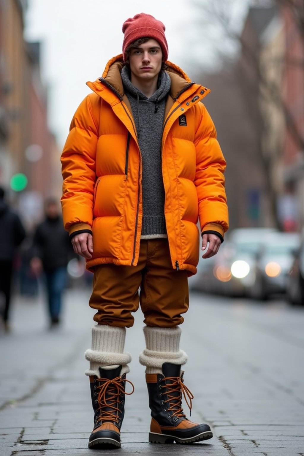 man wearing gorpcore aesthetic, functional outdoor clothing, bright colored puffer jacket, moonboots, beanie, white wool socks, outerwear, posing for photo in the street