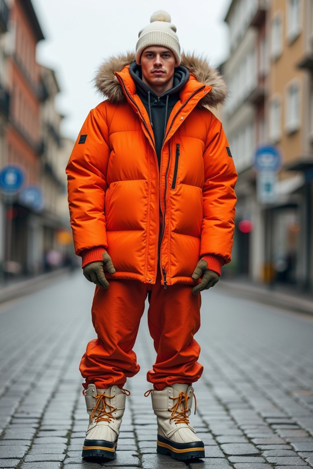 man wearing gorpcore aesthetic, functional outdoor clothing, bright colored puffer jacket, moonboots, beanie, white wool socks, outerwear, posing for photo in the street