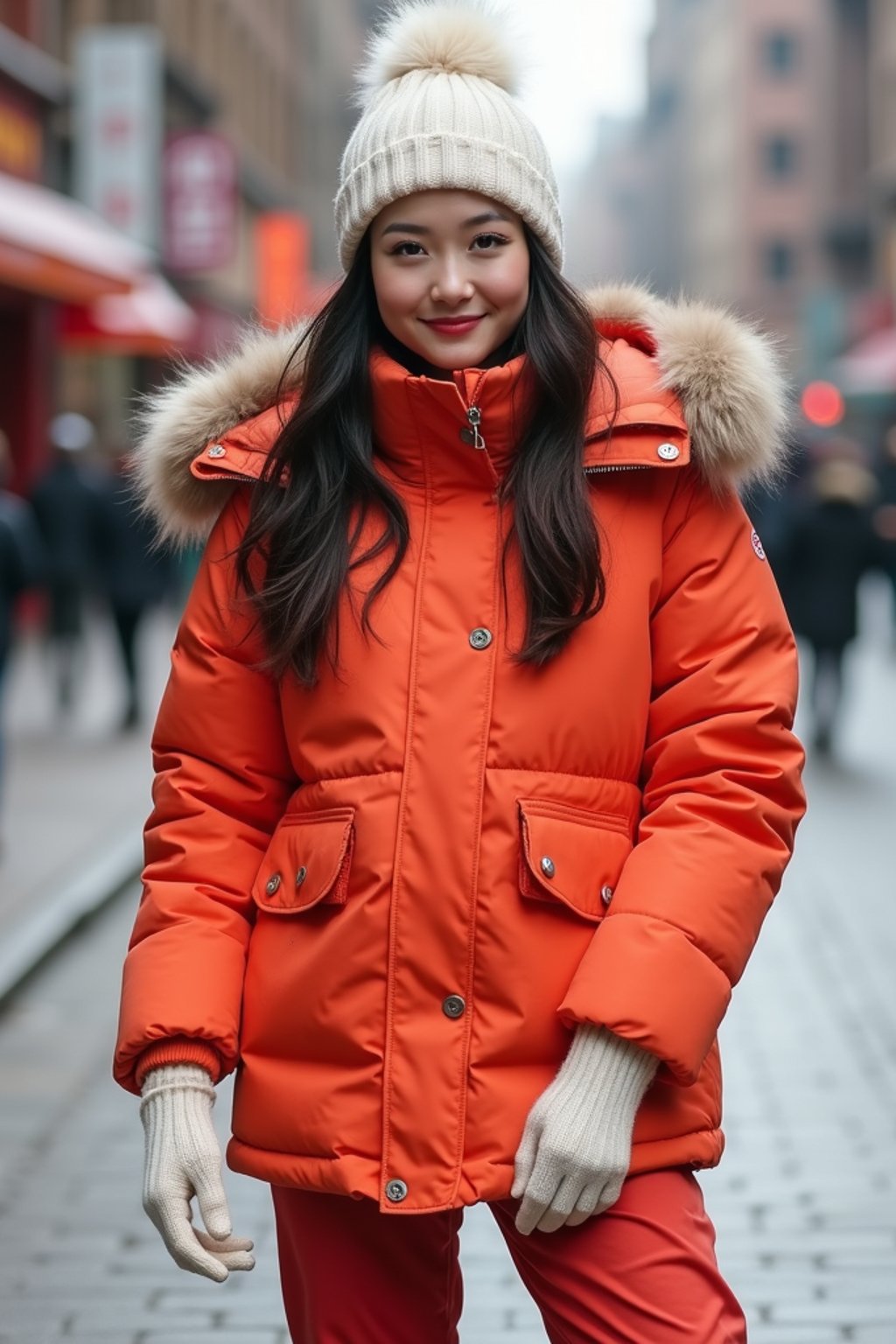 woman wearing gorpcore aesthetic, functional outdoor clothing, bright colored puffer jacket, moonboots, beanie, white wool socks, outerwear, posing for photo in the street