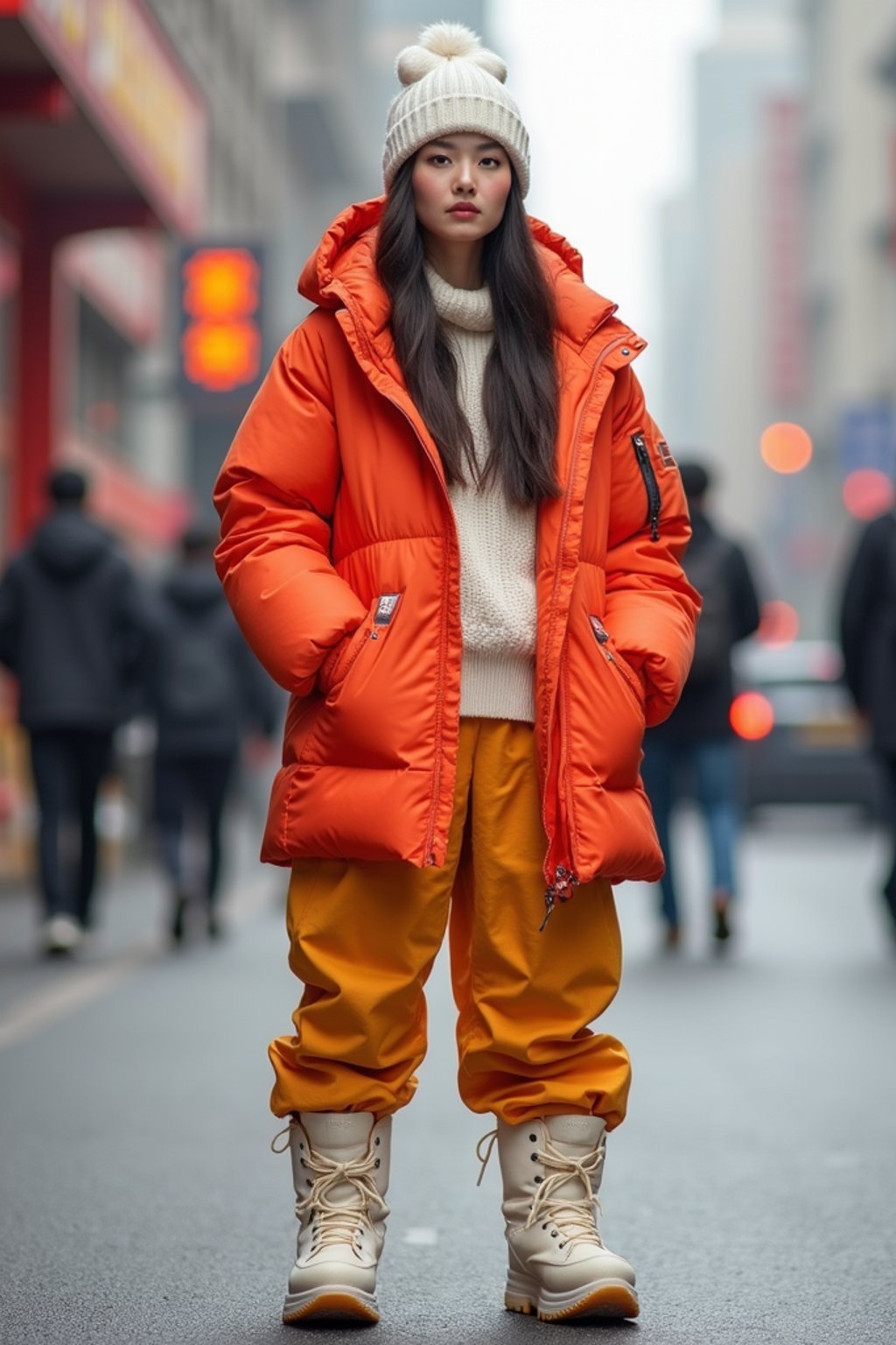 woman wearing gorpcore aesthetic, functional outdoor clothing, bright colored puffer jacket, moonboots, beanie, white wool socks, outerwear, posing for photo in the street