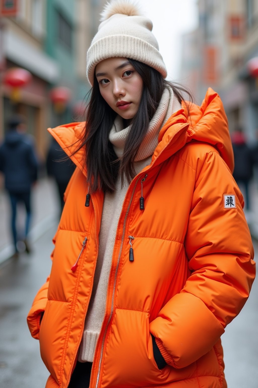 woman wearing gorpcore aesthetic, functional outdoor clothing, bright colored puffer jacket, moonboots, beanie, white wool socks, outerwear, posing for photo in the street