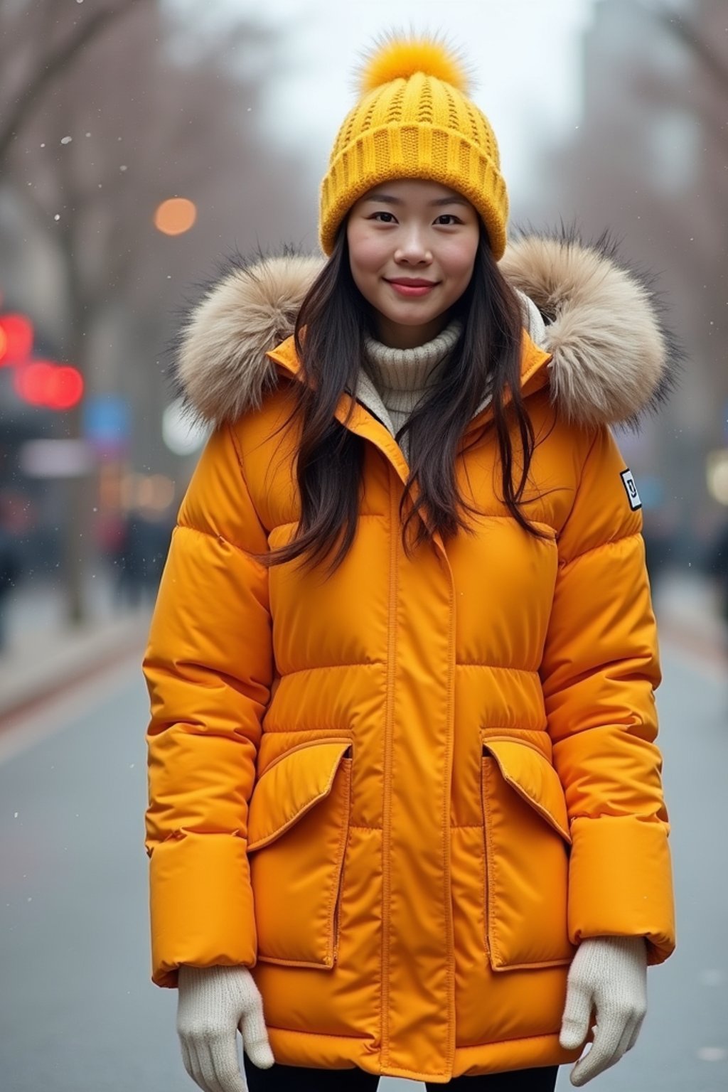 woman wearing gorpcore aesthetic, functional outdoor clothing, bright colored puffer jacket, moonboots, beanie, white wool socks, outerwear, posing for photo in the street