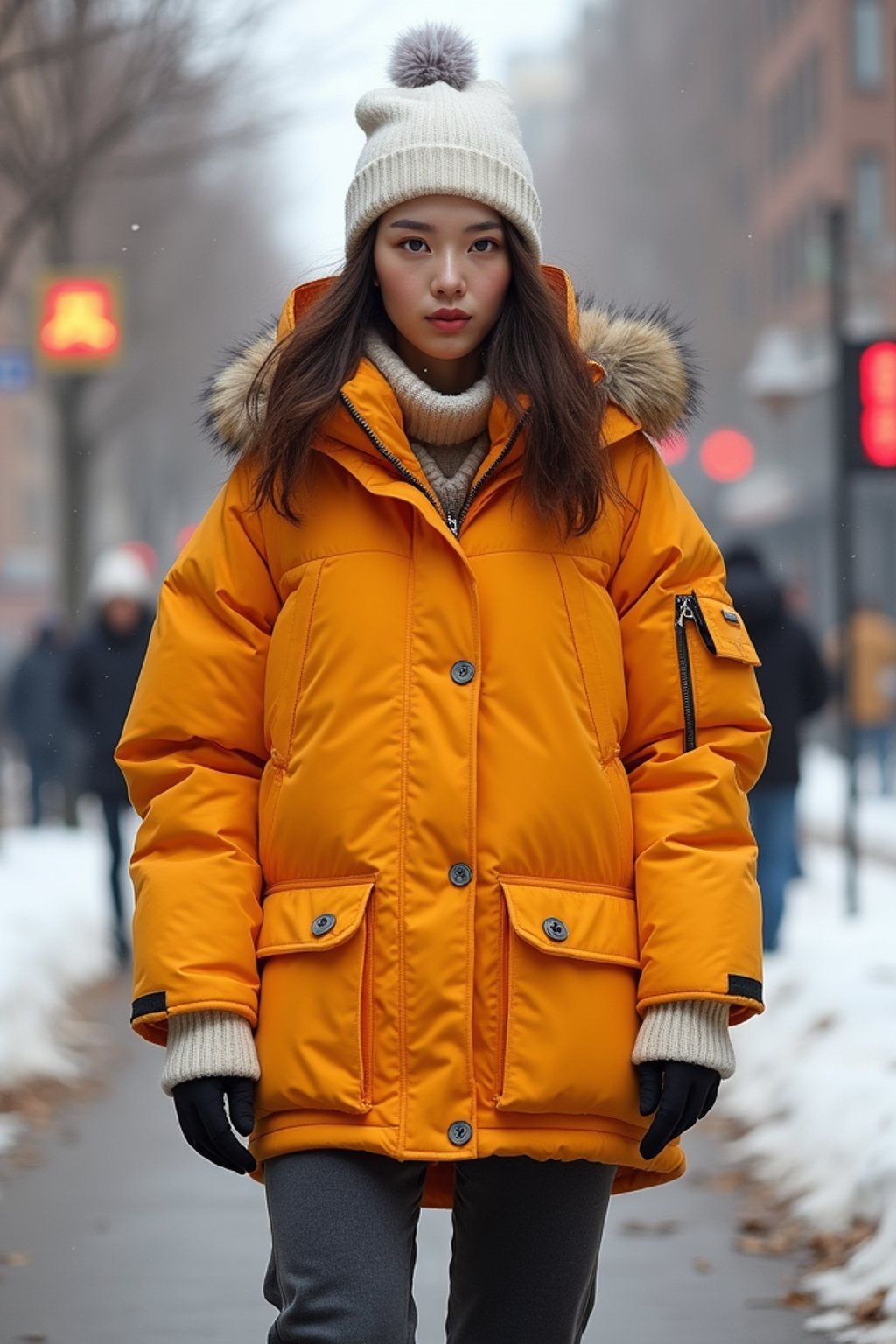 woman wearing gorpcore aesthetic, functional outdoor clothing, bright colored puffer jacket, moonboots, beanie, white wool socks, outerwear, posing for photo in the street