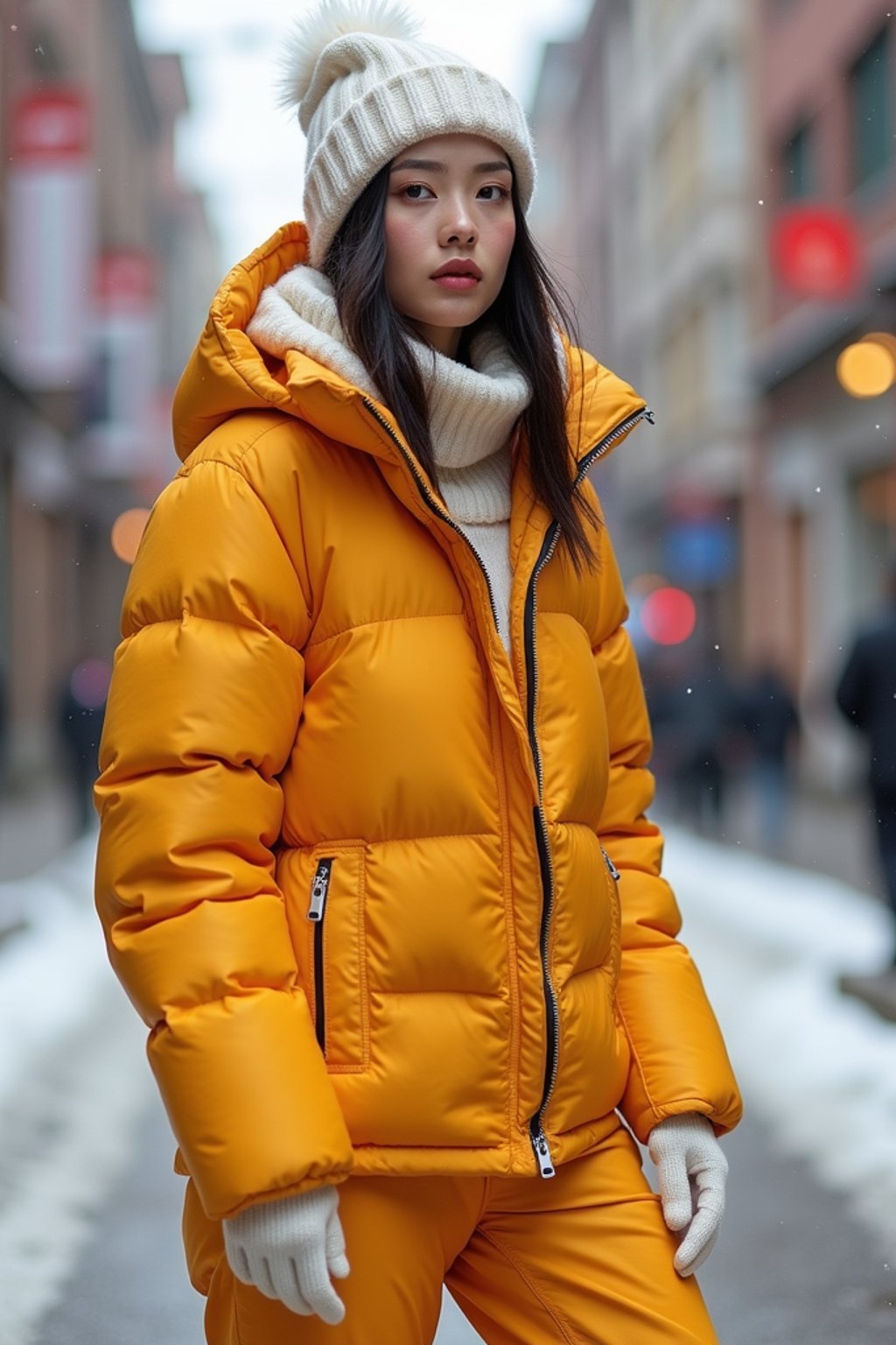 woman wearing gorpcore aesthetic, functional outdoor clothing, bright colored puffer jacket, moonboots, beanie, white wool socks, outerwear, posing for photo in the street