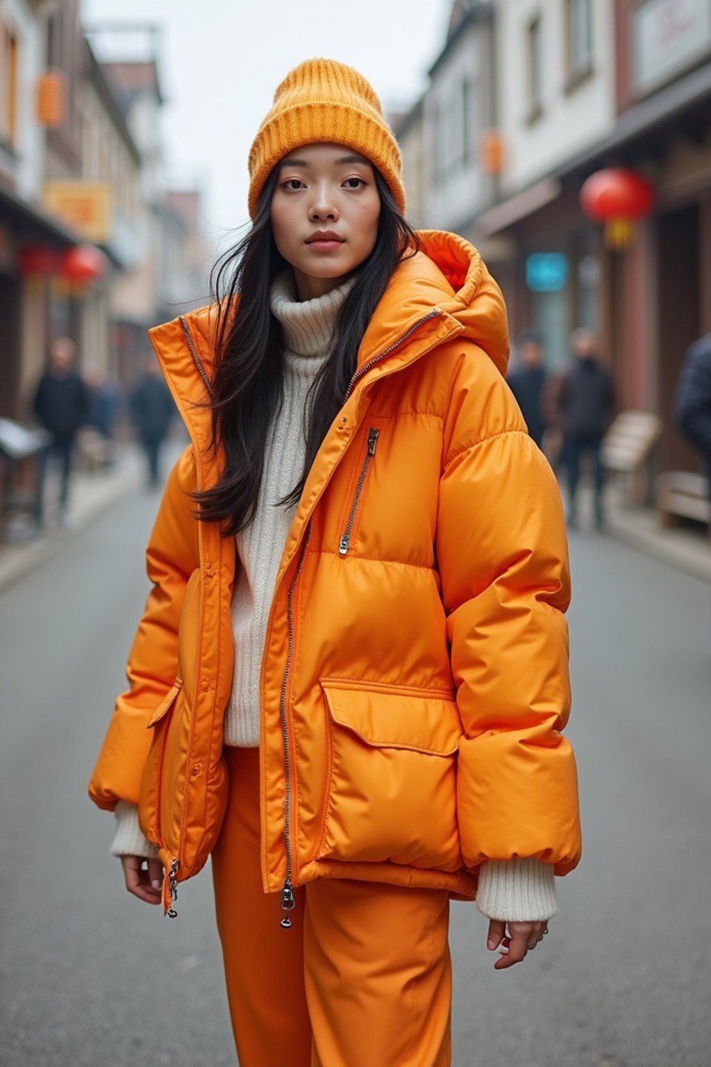 woman wearing gorpcore aesthetic, functional outdoor clothing, bright colored puffer jacket, moonboots, beanie, white wool socks, outerwear, posing for photo in the street