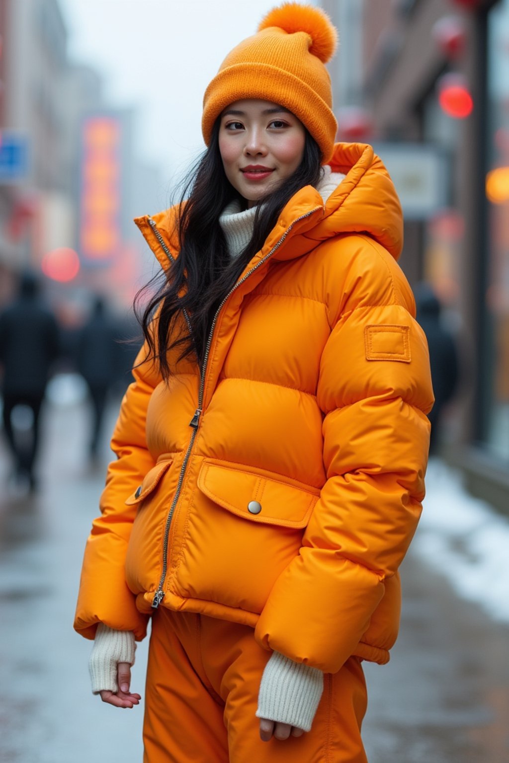 woman wearing gorpcore aesthetic, functional outdoor clothing, bright colored puffer jacket, moonboots, beanie, white wool socks, outerwear, posing for photo in the street