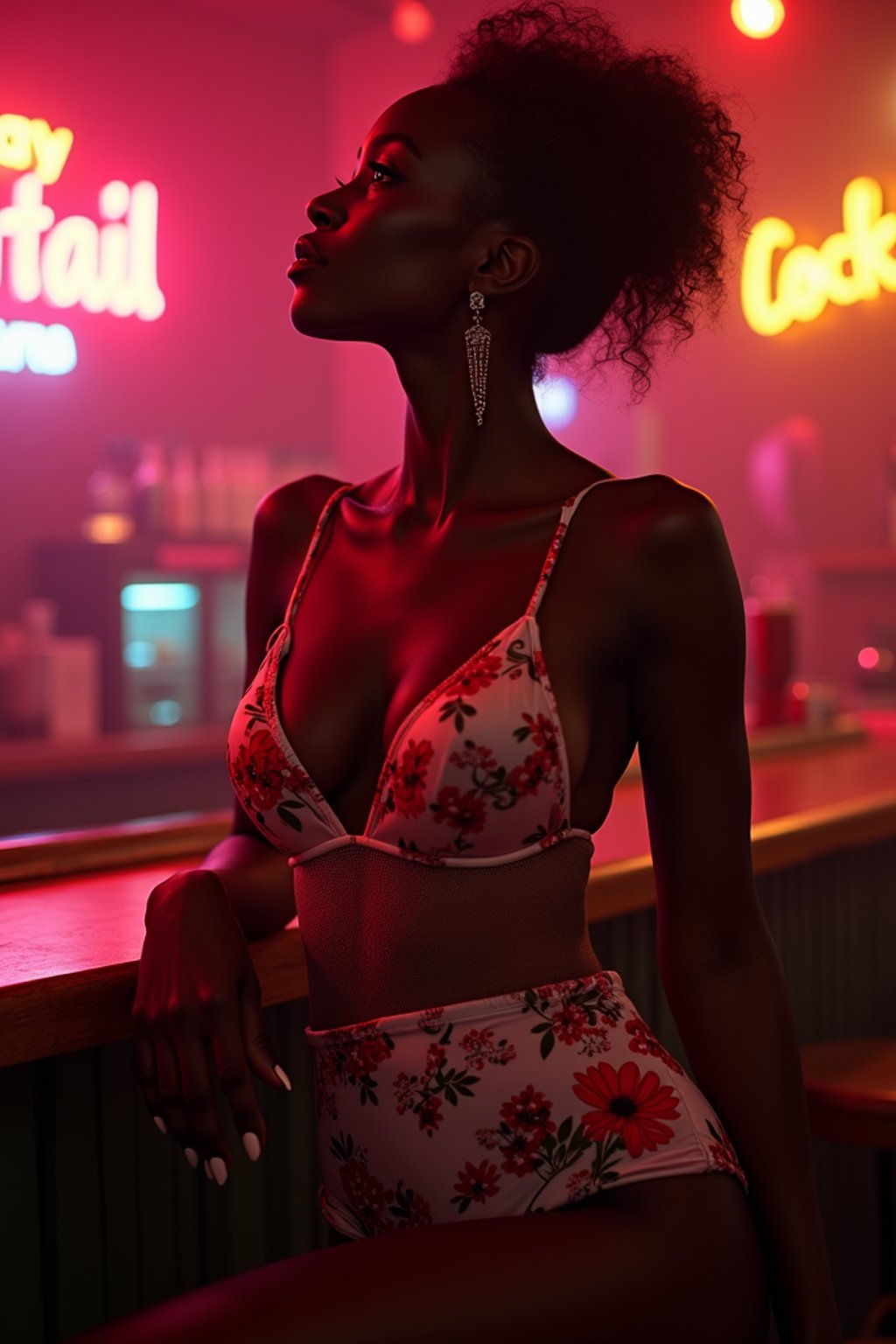 woman with hourglass figure,  in floral silk lingerie  at cocktail bar with neon lights