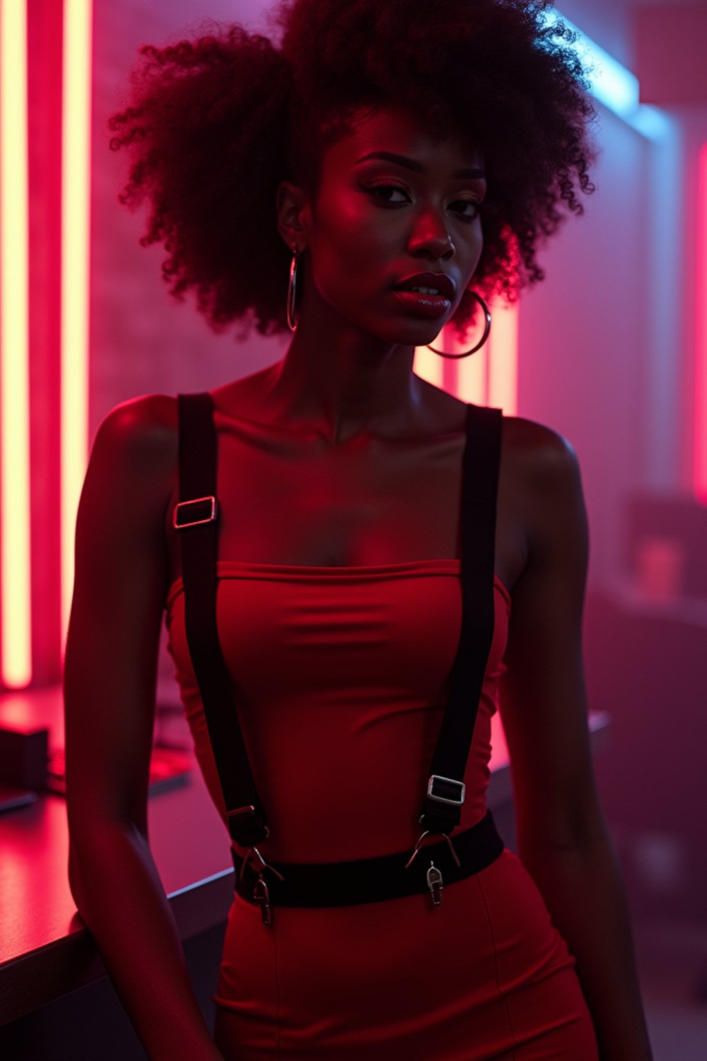 woman wearing (red bodycon dress) with (black suspenders garter straps)  in night club neon lights