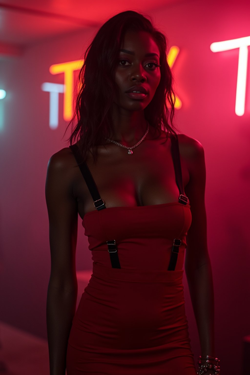 woman wearing (red bodycon dress) with (black suspenders garter straps)  in night club neon lights