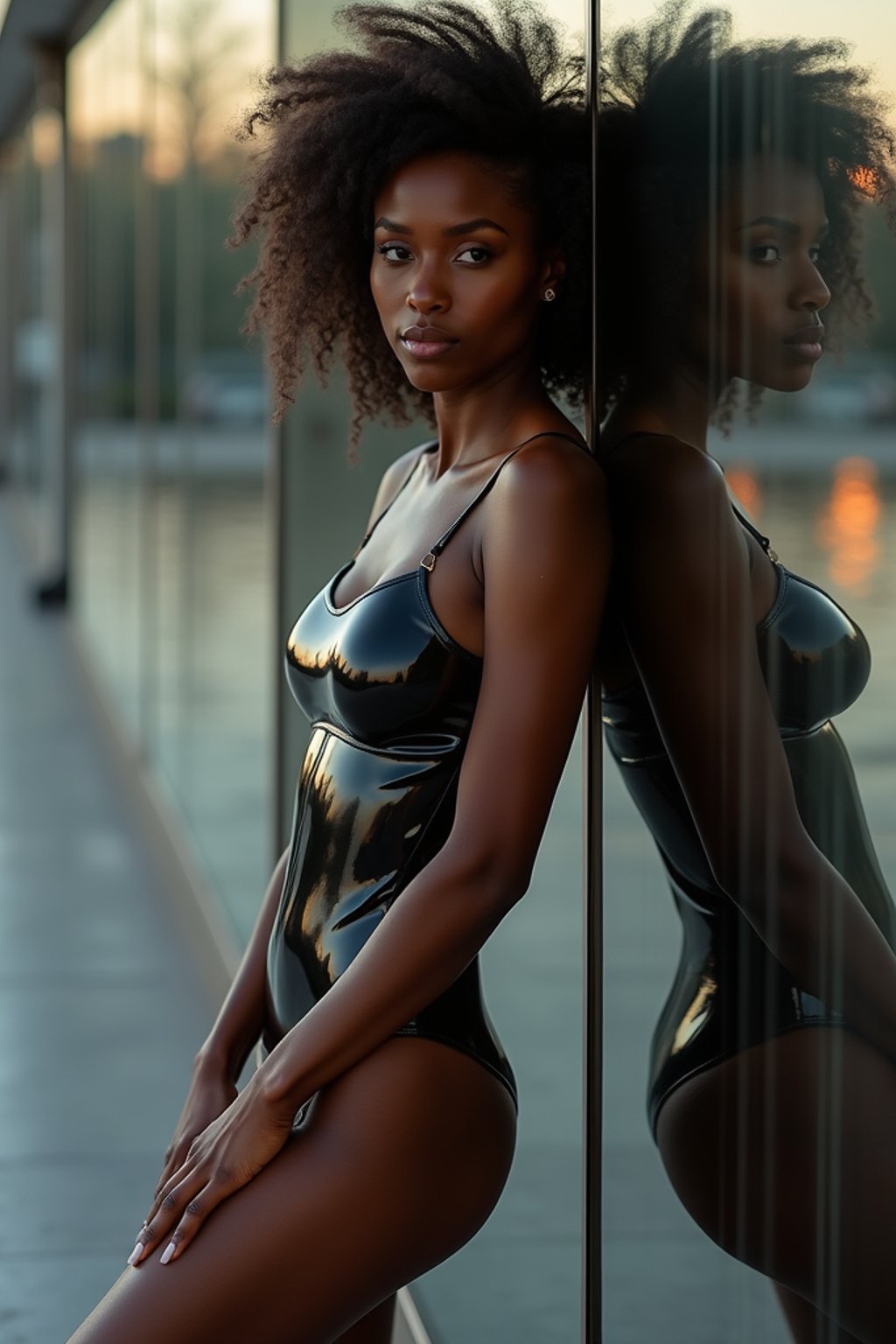 woman leaning against a reflective surface, wearing a glossy, skin-tight bodysuit that mirrors the surroundings