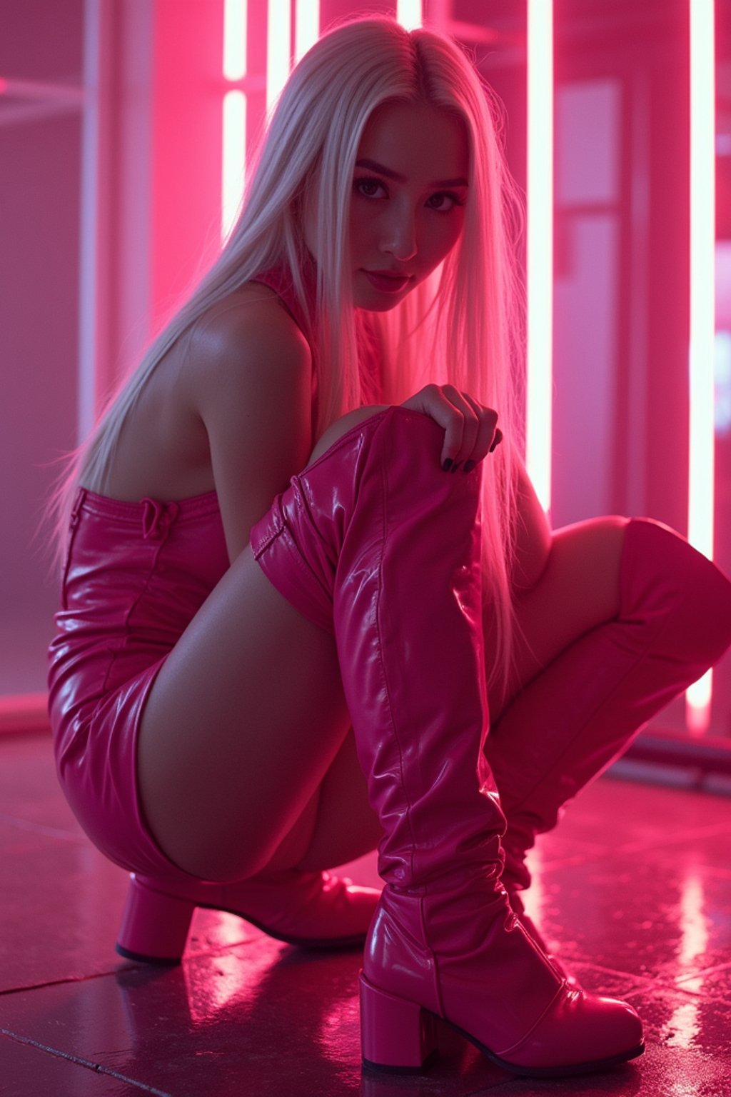 kneeling woman as woman, pink latex, thigh high boots night club, neon lights, platinum blonde