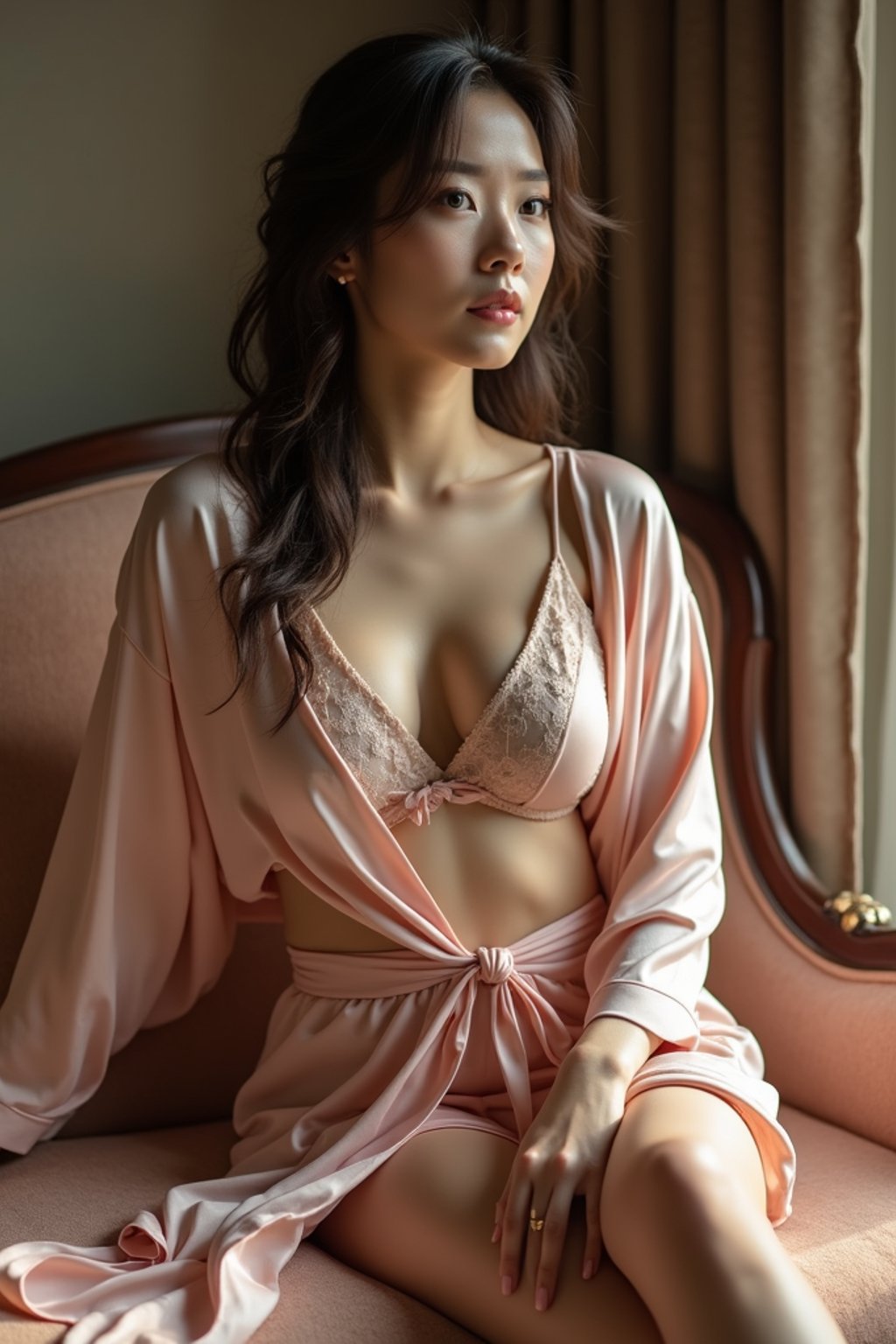 insanely beautiful  sexy woman wearing a silk robe and matching lingerie set, posing elegantly on a chaise lounge