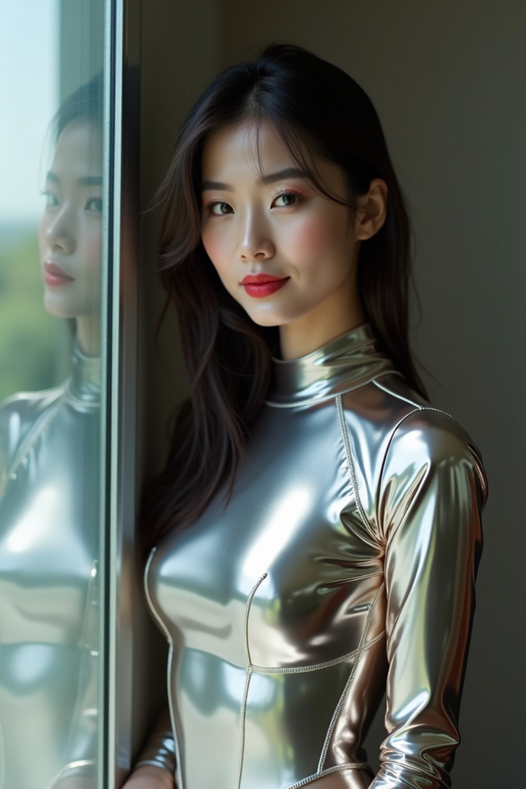 woman leaning against a reflective surface, wearing a glossy, skin-tight bodysuit that mirrors the surroundings