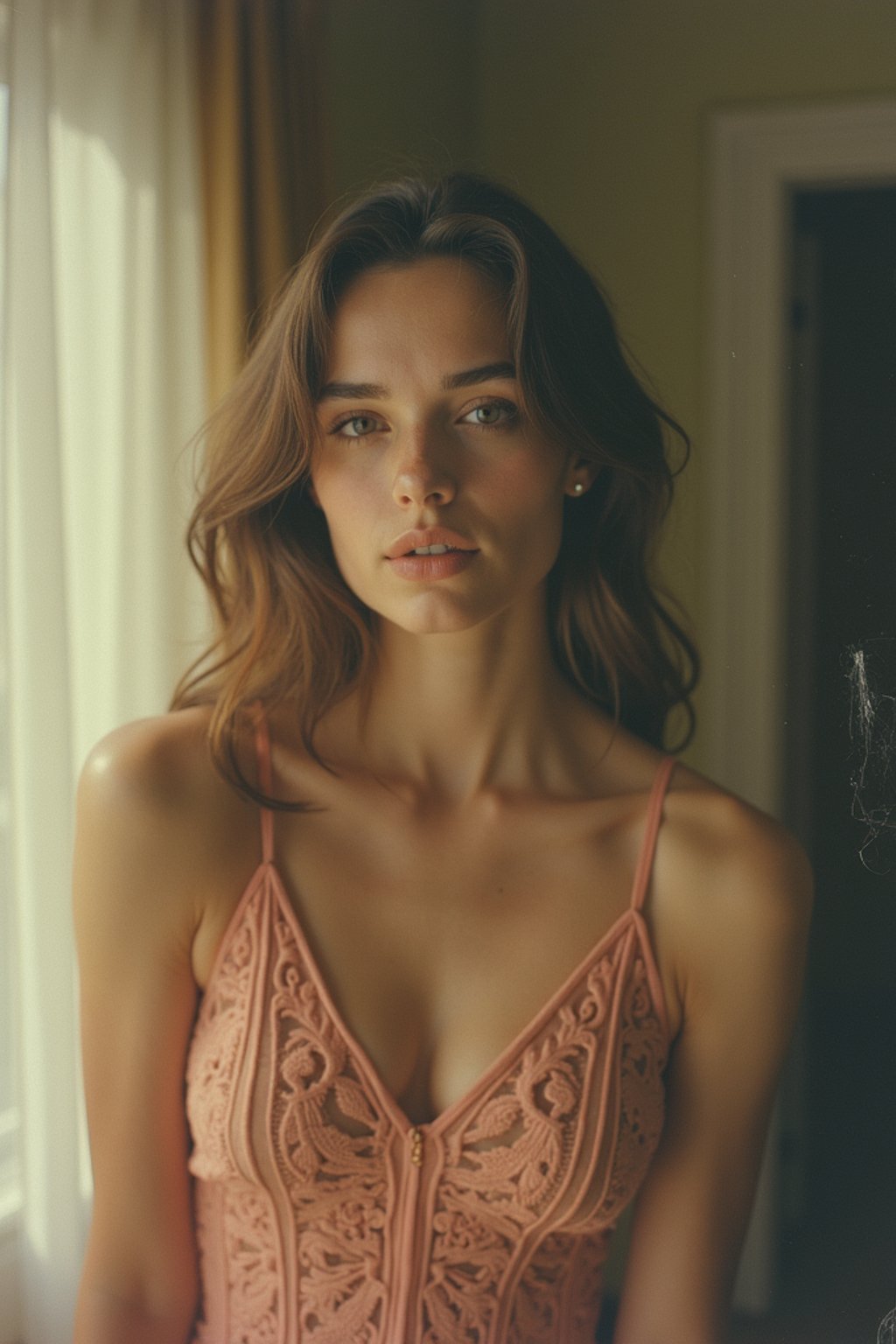 woman in polaroid classic photograph posing for photo indoors