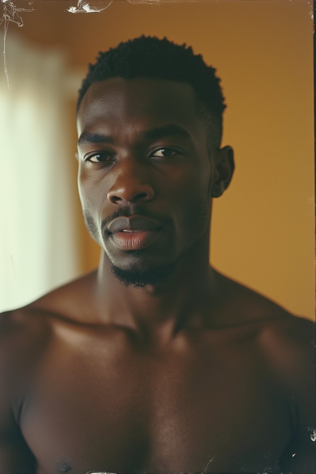 man in polaroid classic photograph posing for photo indoors