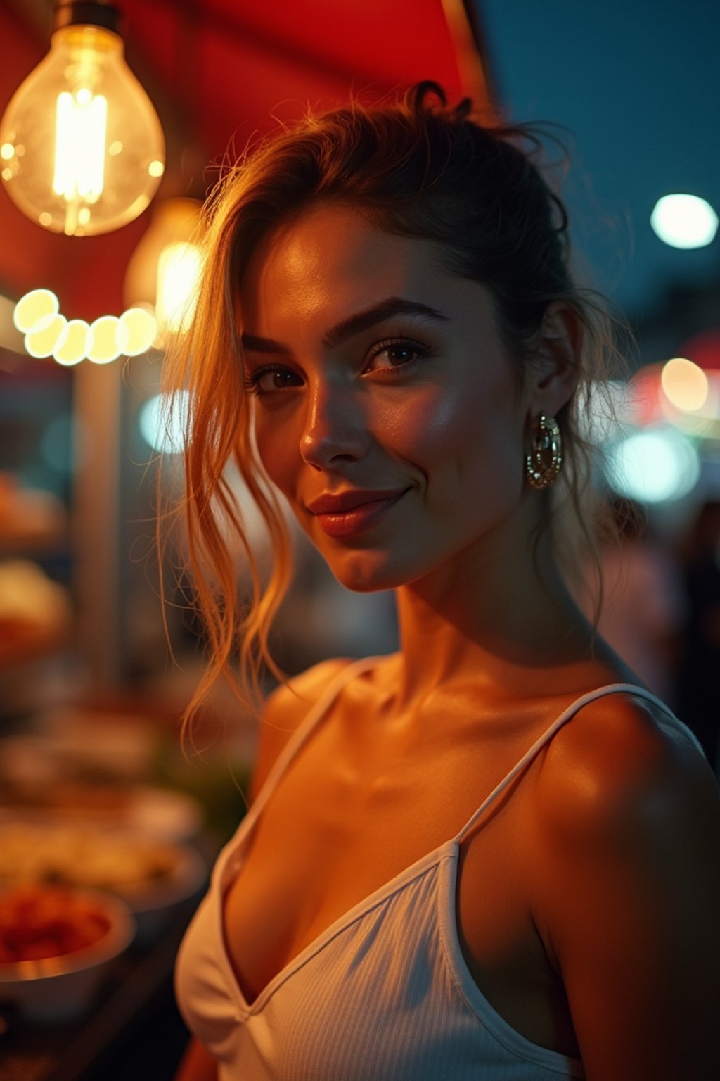 woman at a pop-up food market at night, combining the love for street food with nightlife