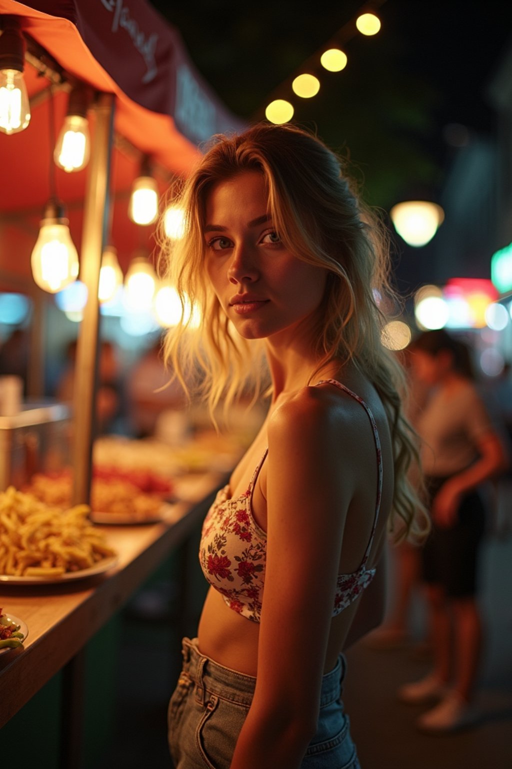 woman at a pop-up food market at night, combining the love for street food with nightlife