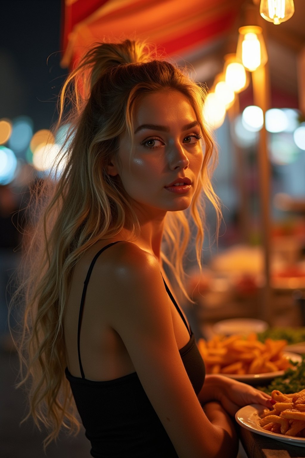 woman at a pop-up food market at night, combining the love for street food with nightlife