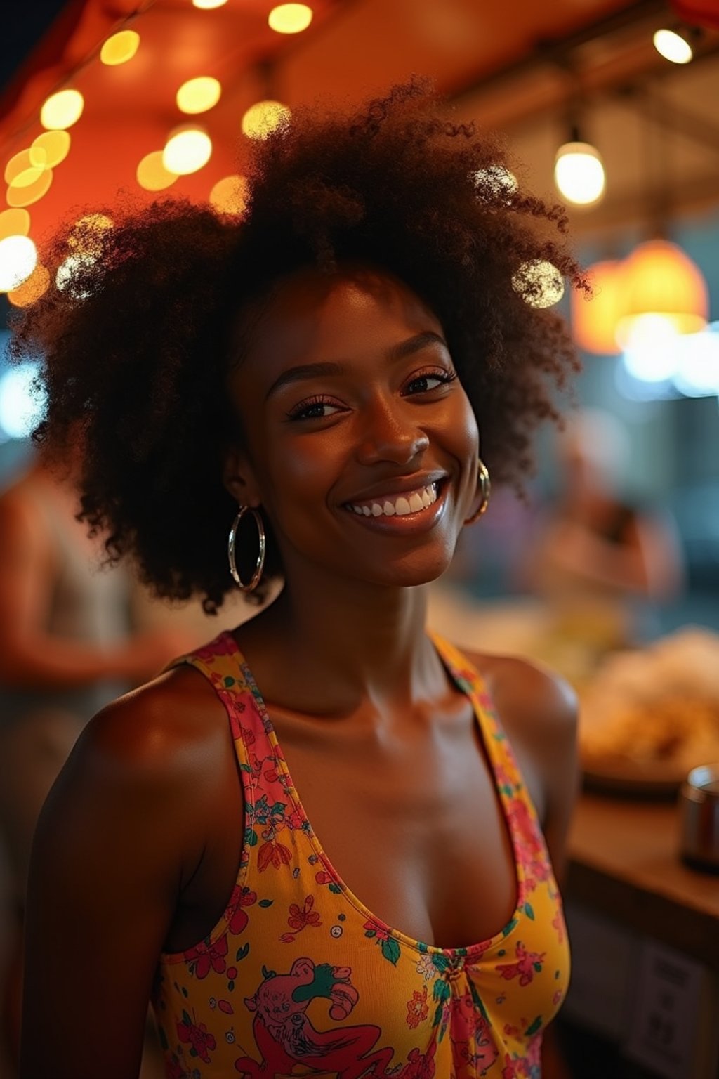 woman at a pop-up food market at night, combining the love for street food with nightlife