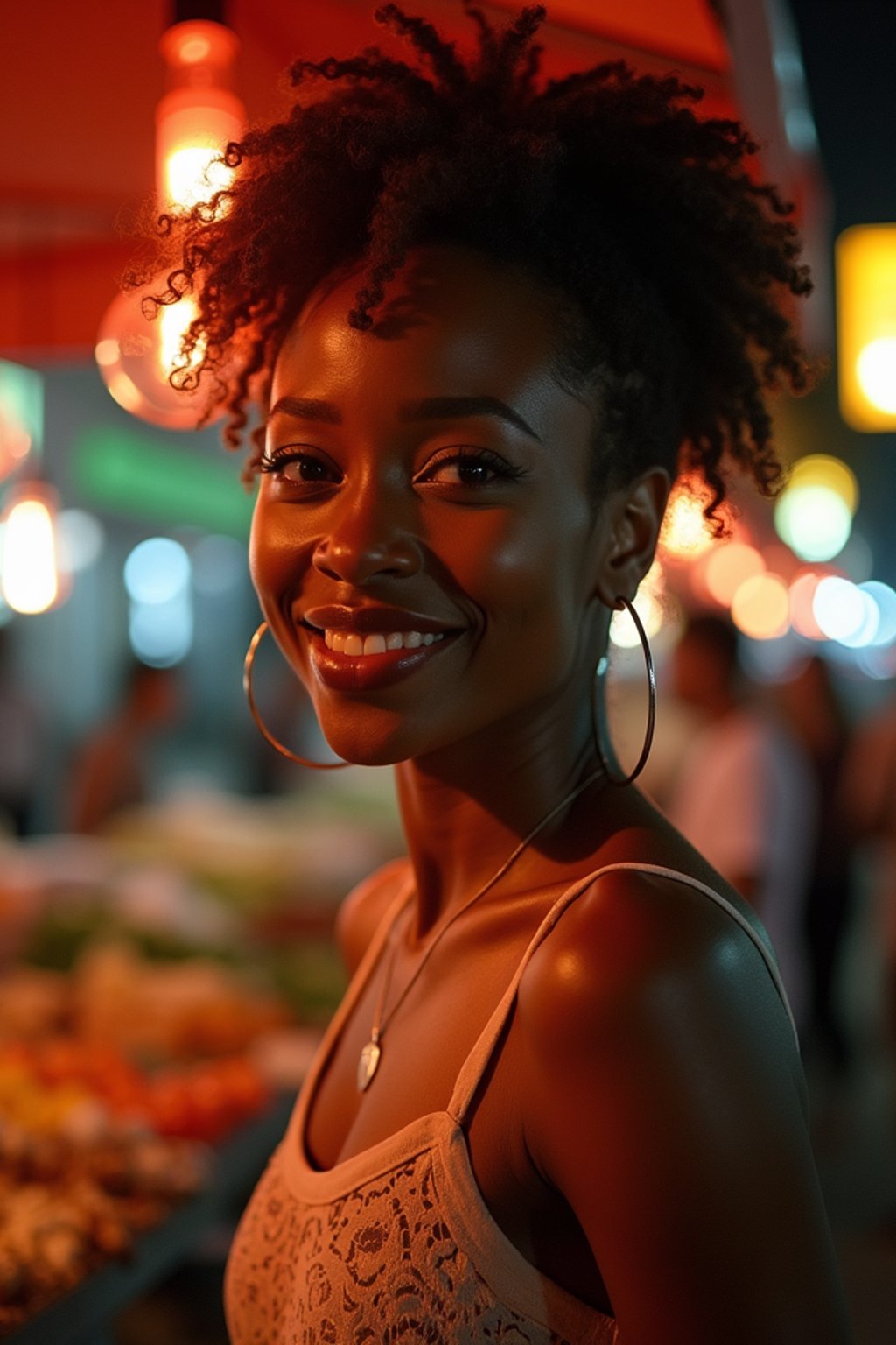 woman at a pop-up food market at night, combining the love for street food with nightlife