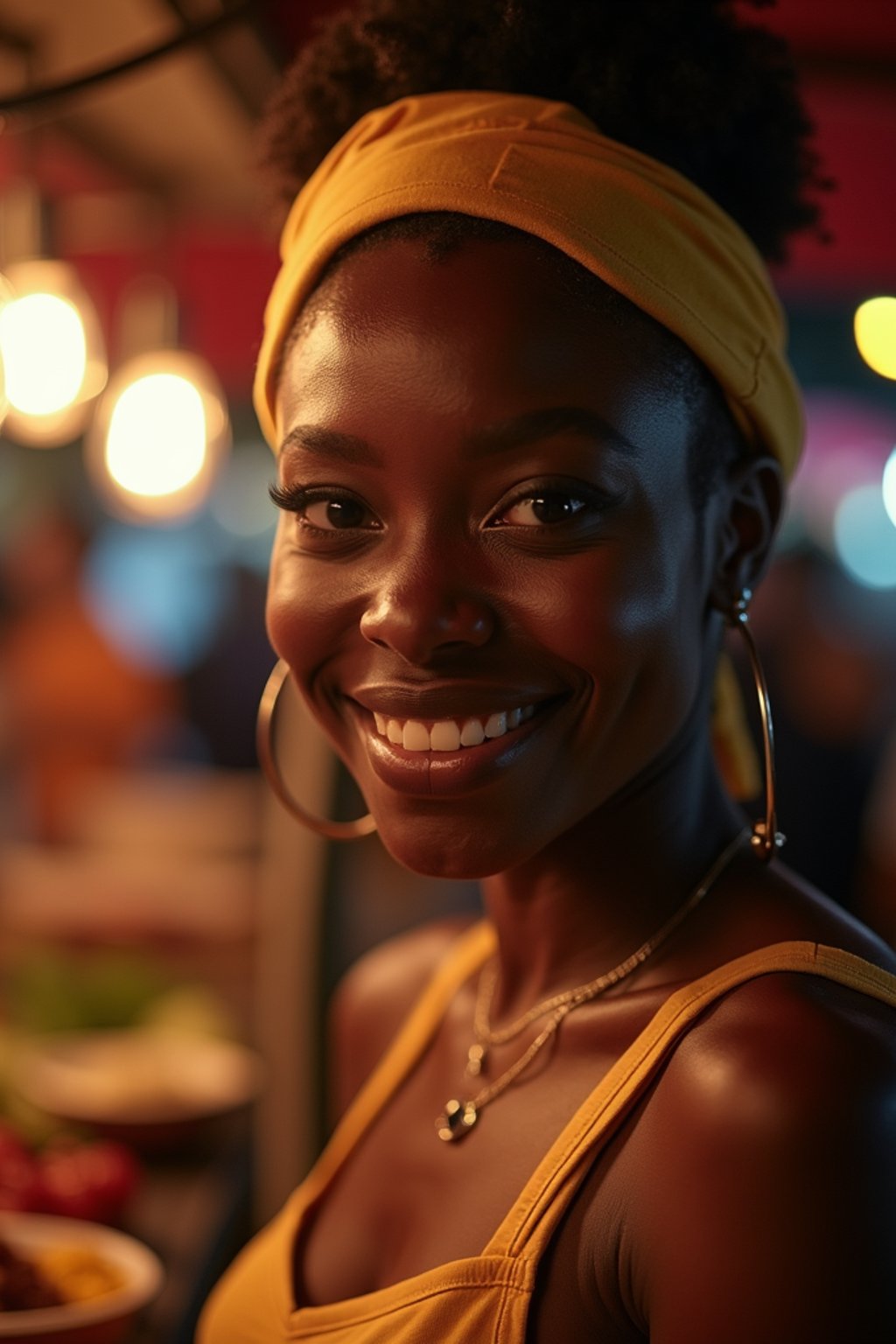 woman at a pop-up food market at night, combining the love for street food with nightlife