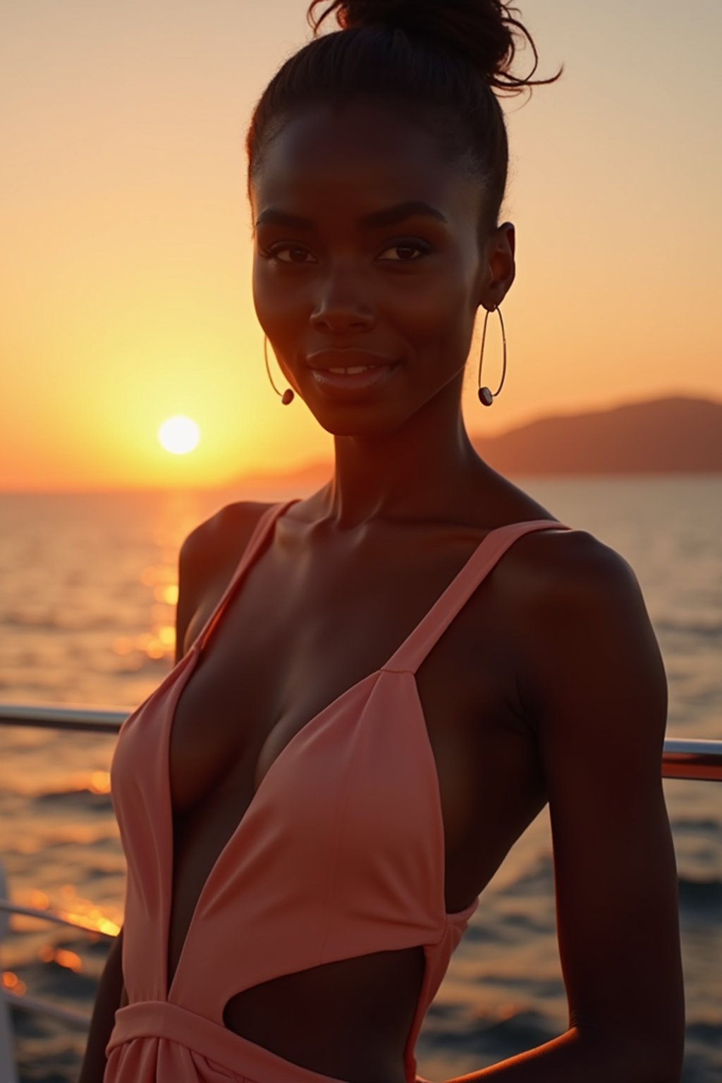 woman wearing skimpy cut out dress  at an exclusive yacht party sunset, capturing the essence of luxury and opulence