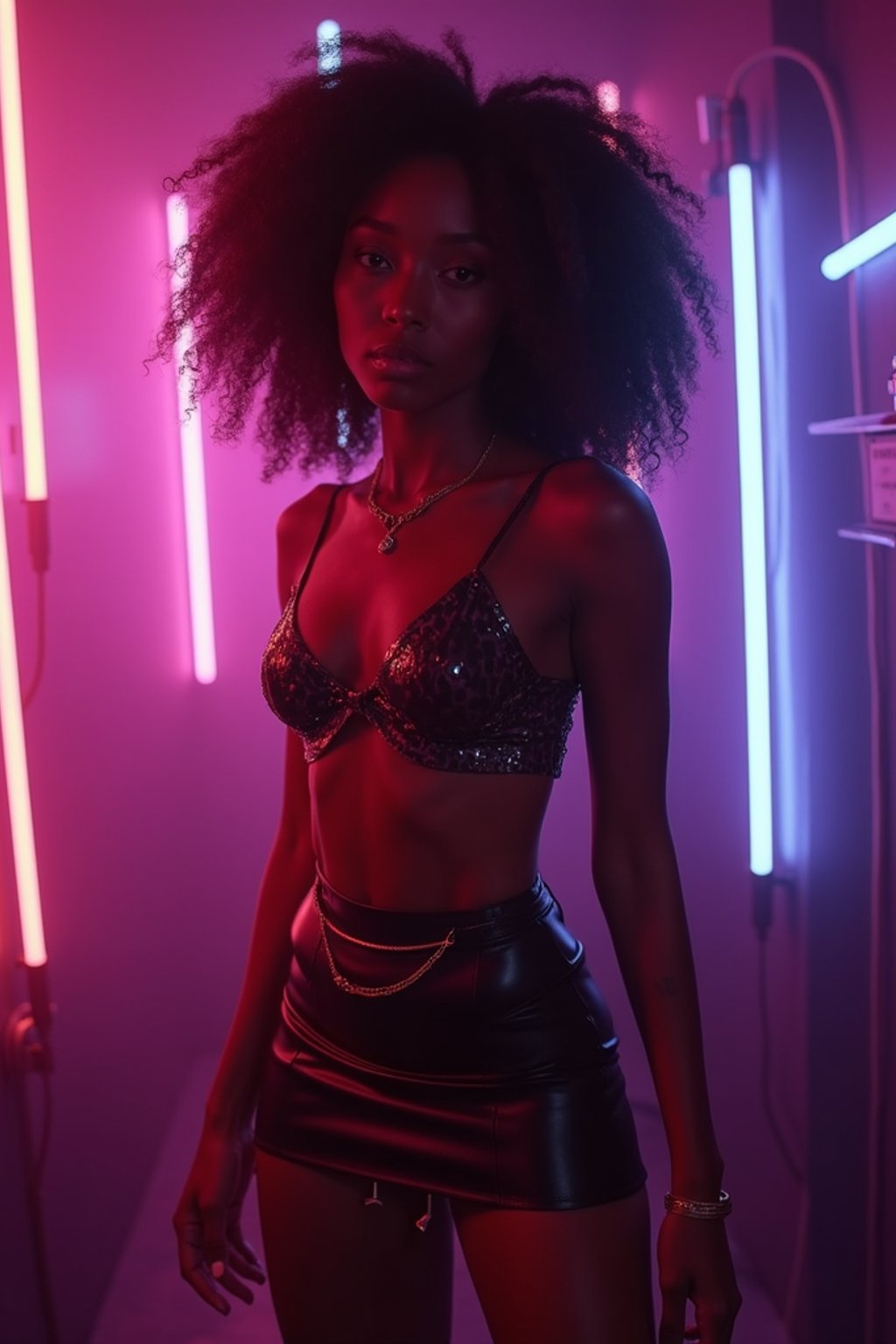 woman wearing mini skirt  in night club with neon lights