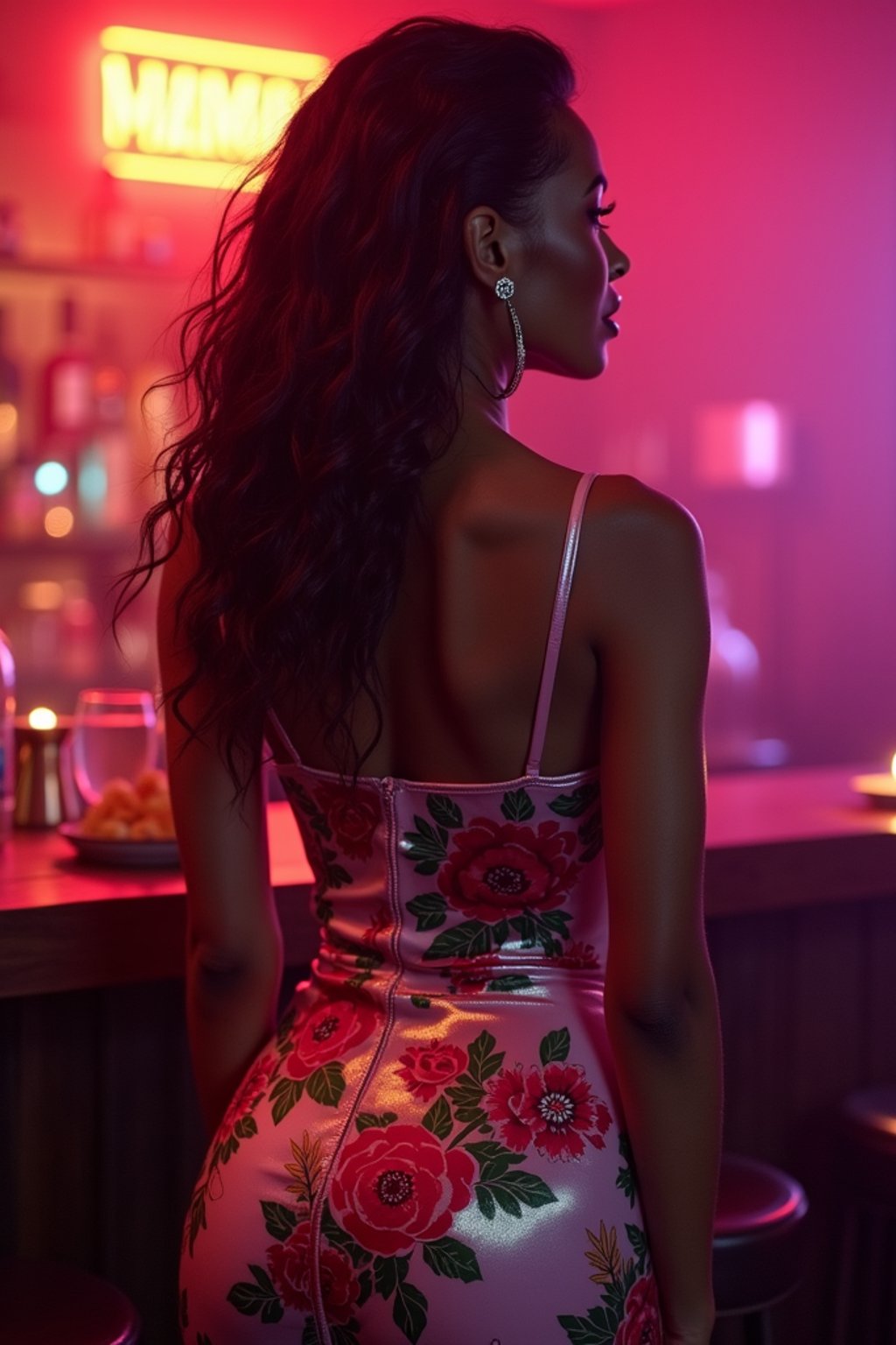 woman hourglass figure,  in floral silk bodycon dress  at cocktail bar with neon lights