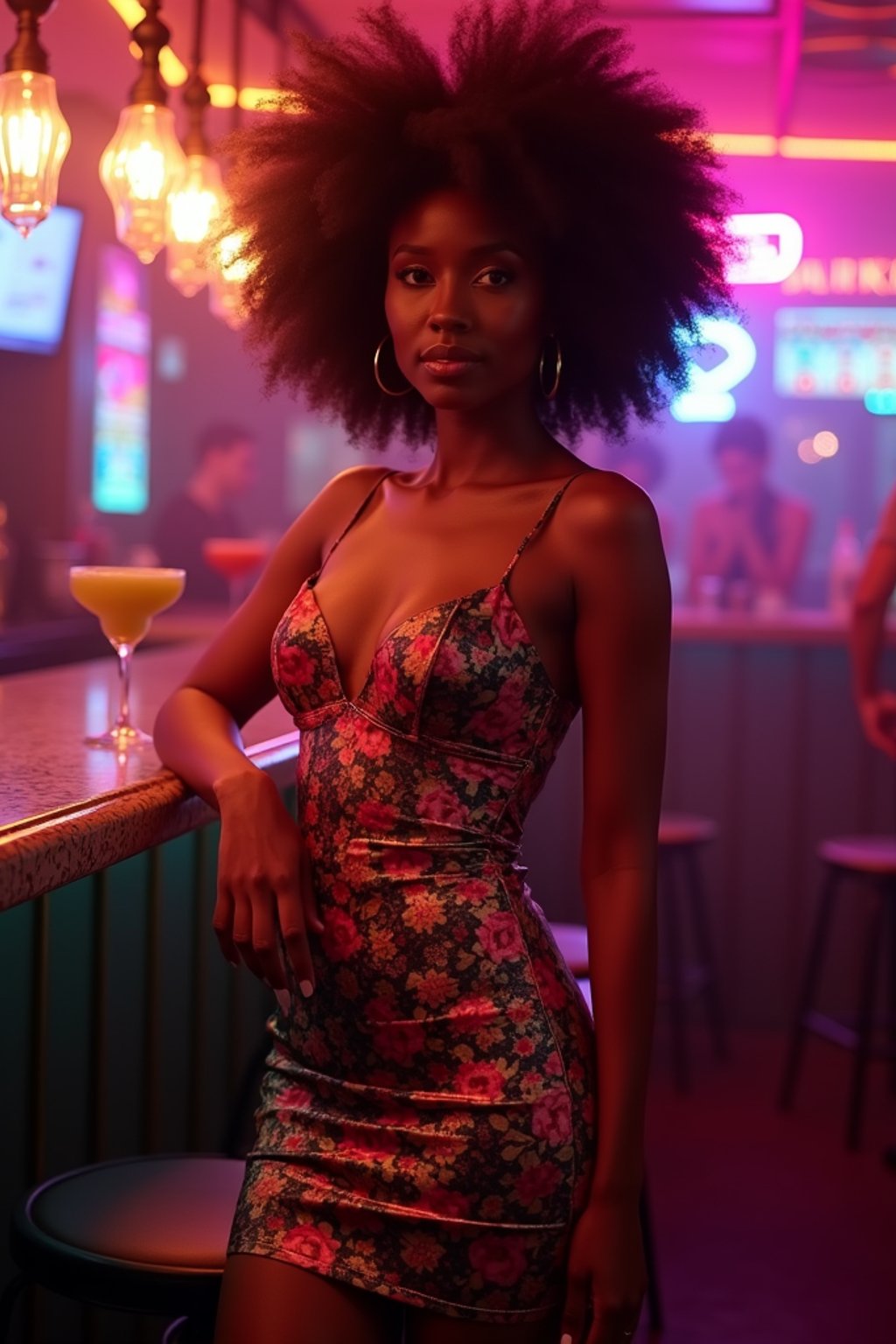 woman hourglass figure,  in floral silk bodycon dress  at cocktail bar with neon lights