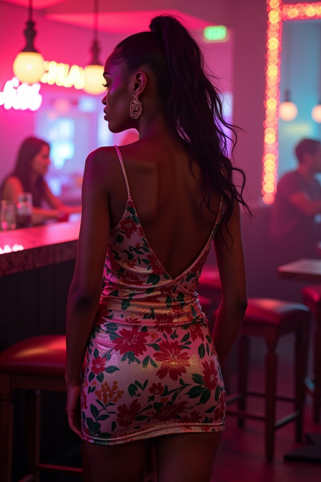 woman hourglass figure,  in floral silk bodycon dress  at cocktail bar with neon lights