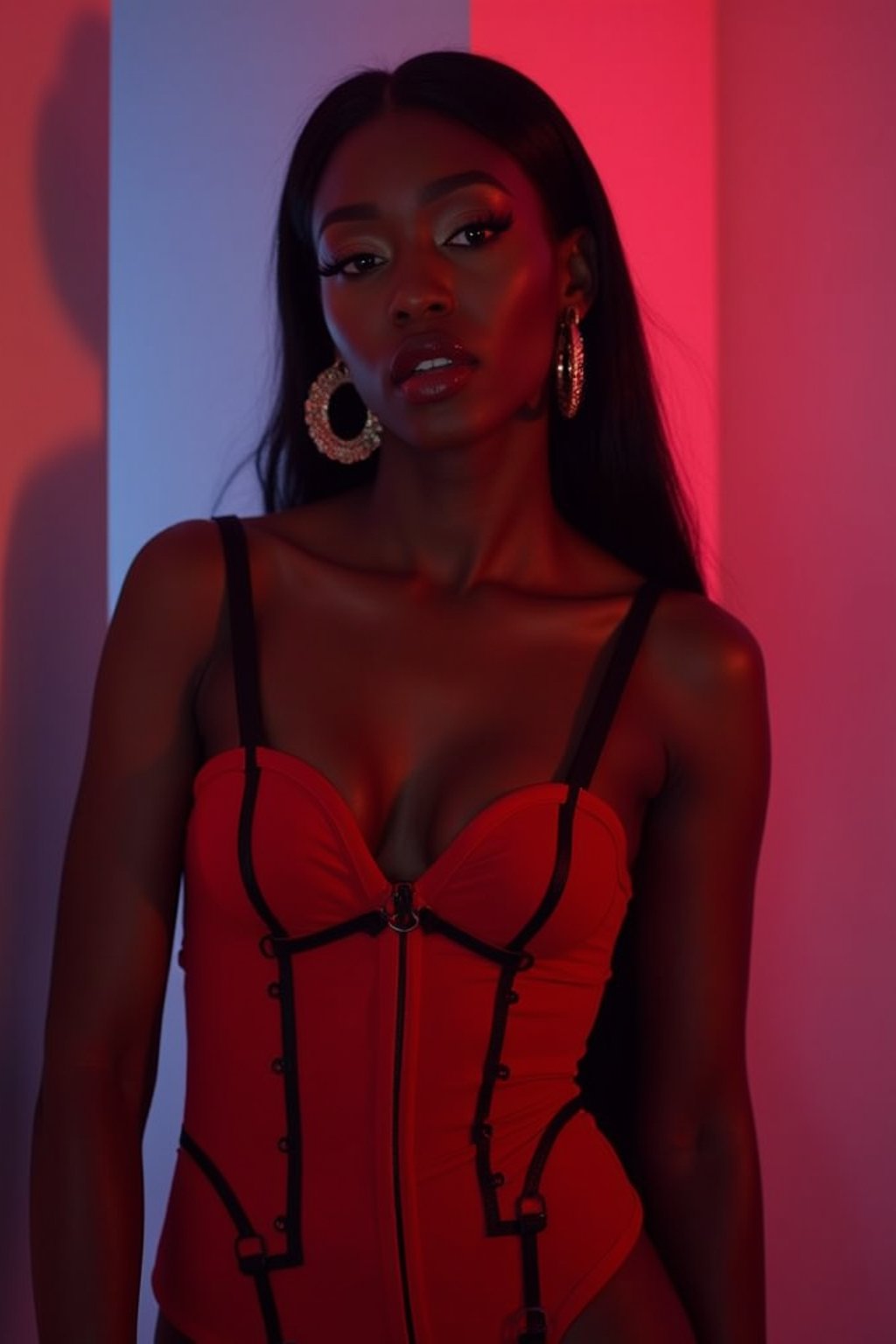 woman wearing (red bodycon dress) with (black suspenders garter straps)  in night club neon lights