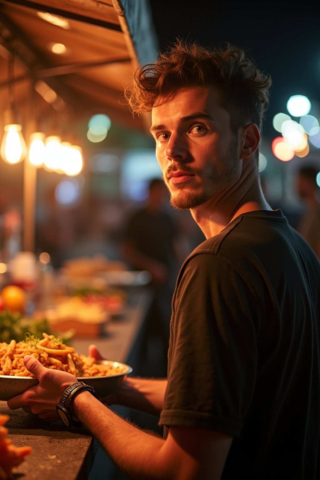 man at a pop-up food market at night, combining the love for street food with nightlife