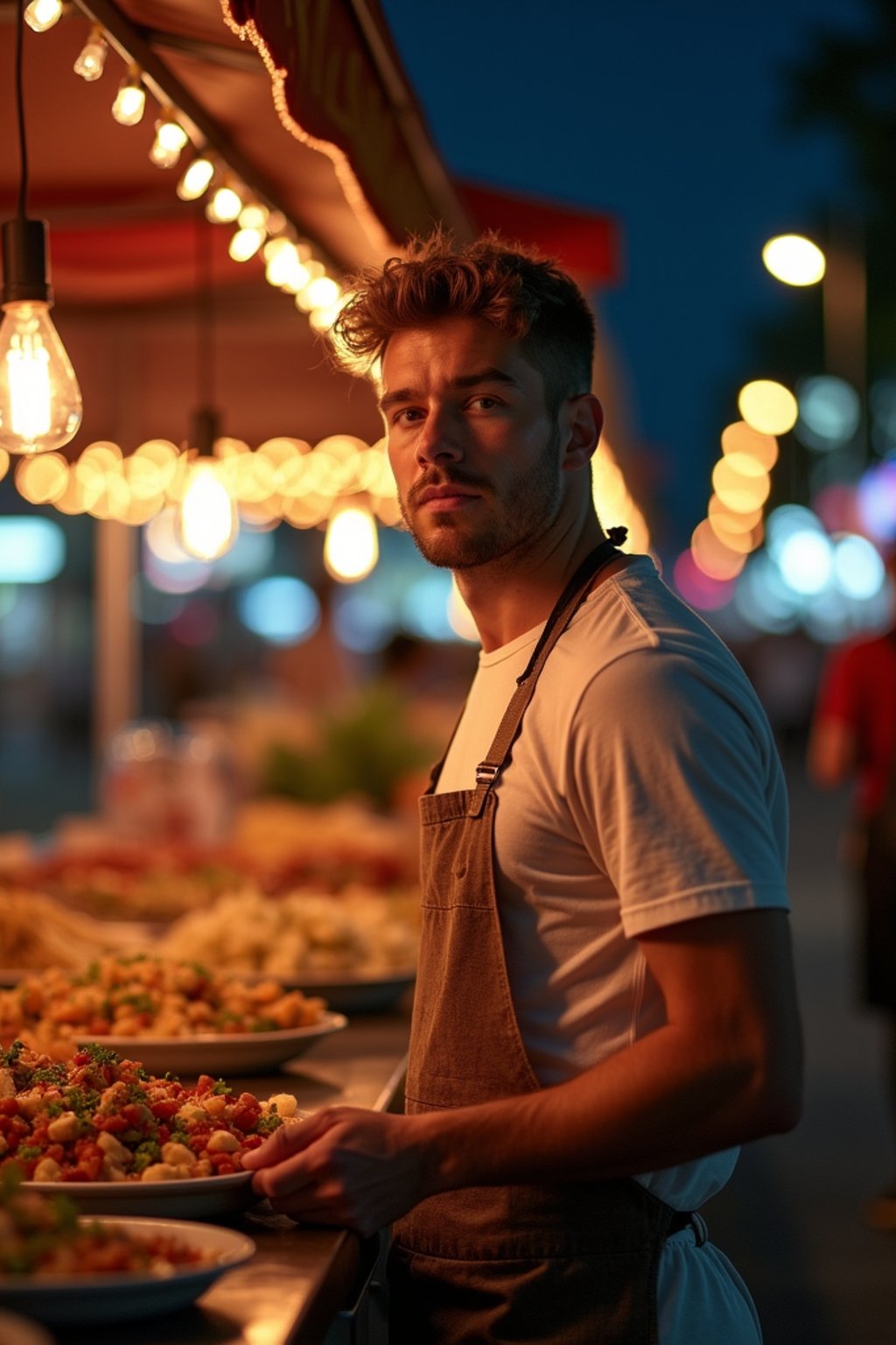 man at a pop-up food market at night, combining the love for street food with nightlife