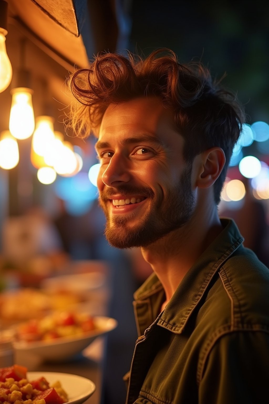 man at a pop-up food market at night, combining the love for street food with nightlife