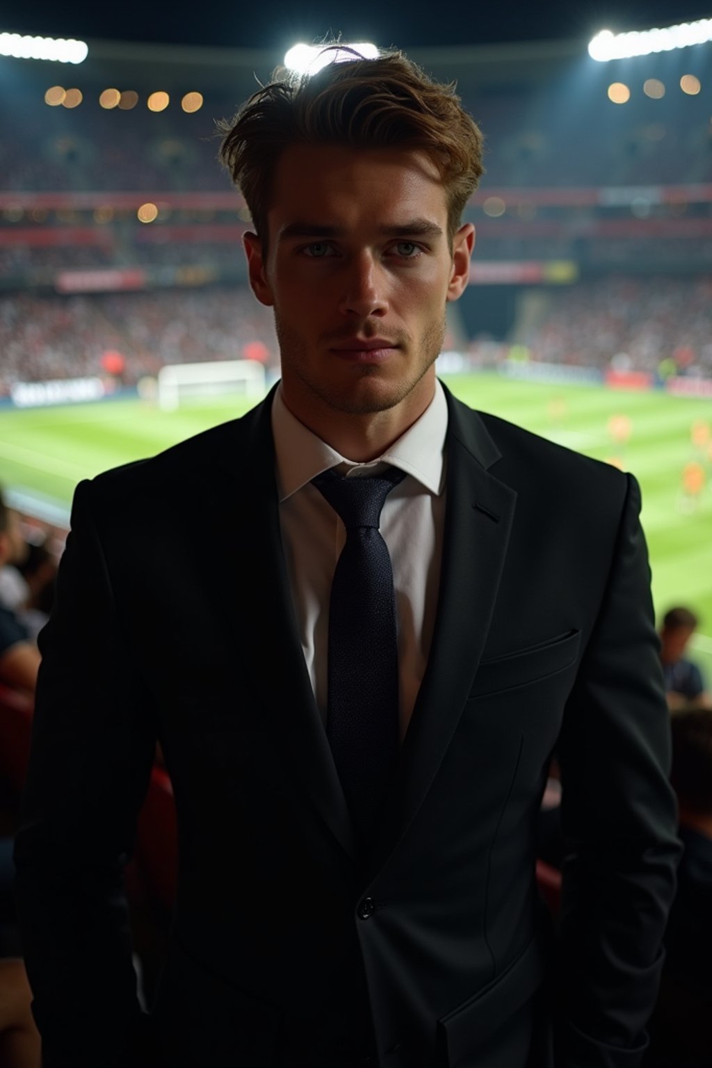 man wearing   black suit in a VIP box at a sporting event at night, capturing the thrill of live sports with nightlife