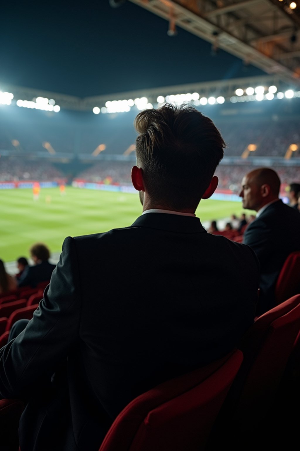 man wearing   black suit in a VIP box at a sporting event at night, capturing the thrill of live sports with nightlife