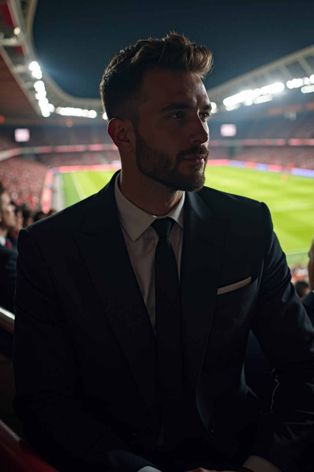 man wearing   black suit in a VIP box at a sporting event at night, capturing the thrill of live sports with nightlife