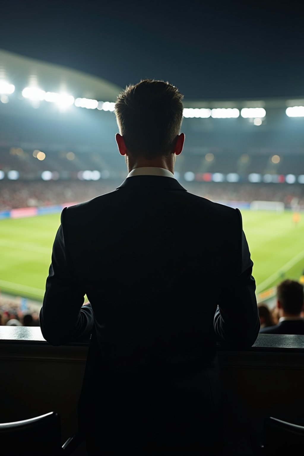 man wearing   black suit in a VIP box at a sporting event at night, capturing the thrill of live sports with nightlife