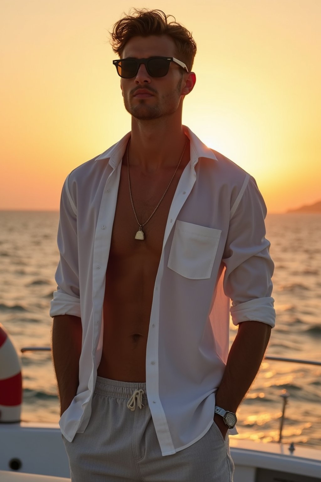 man wearing  shirt and swim shorts at an exclusive yacht party sunset, capturing the essence of luxury and opulence