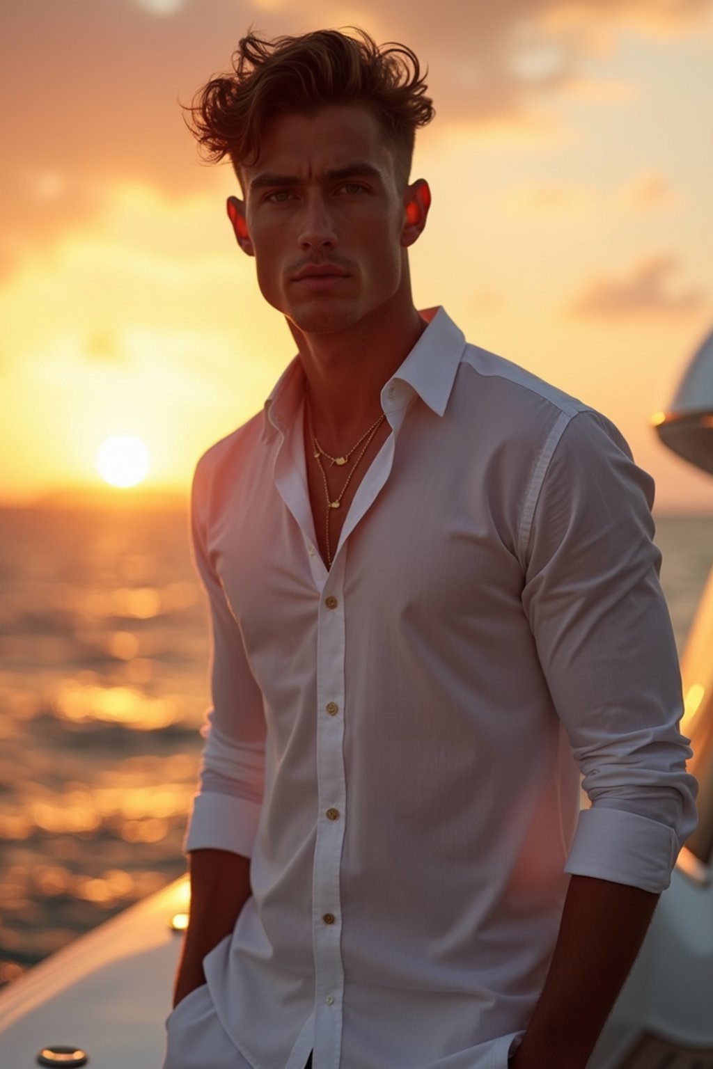 man wearing  shirt and swim shorts at an exclusive yacht party sunset, capturing the essence of luxury and opulence